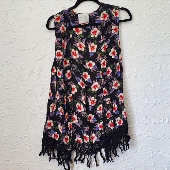 Zara Trafaluc Black Floral Open Vest Fringe - Picture 4 of 6